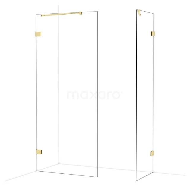 Glazen douchewand met goudkleurige details, minimalistisch design, ideaal voor een moderne badkamerinrichting.