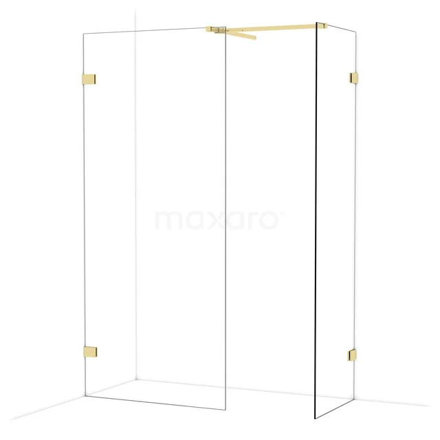 Glas Duschwand mit goldfarbenen Akzenten, elegantes Design, ideal für eine moderne Badezimmer Einrichtung.