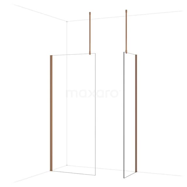 Begehbare Dusche mit klarem Design, Glaswänden und kupferfarbenen Profilen, perfekt für einen modernen Badezimmerstil.