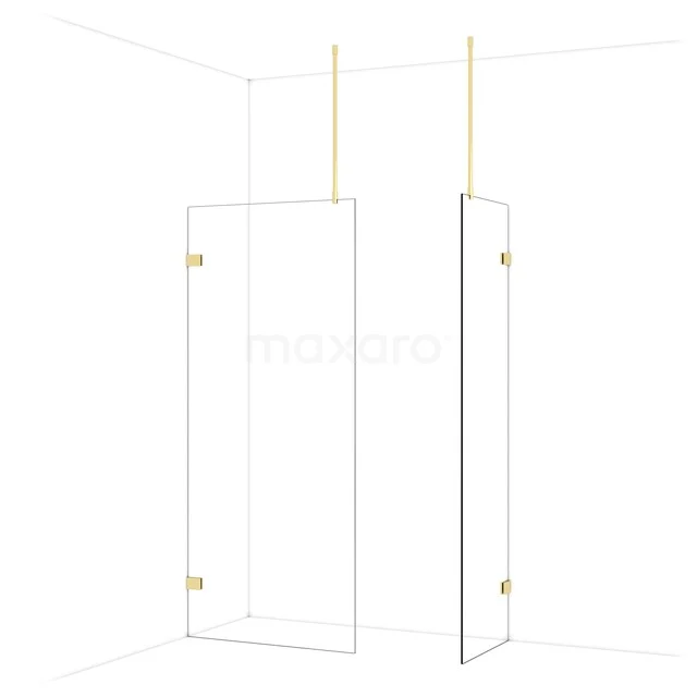 Glas Duschwand mit Gold Details, elegantes Design und Eckaufstellung, ideal für eine luxuriöse und moderne Badezimmergestaltung.