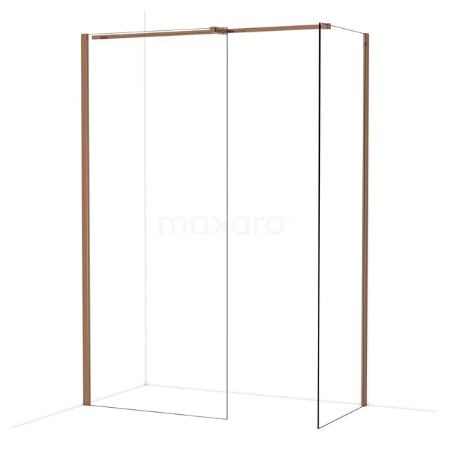 Douchewand met hoekopstelling, transparant glas en rosegoudkleurige profielen, ideale moderne badkameroplossing.