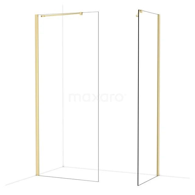 Inloopdouche met goudkleurig frame, modern design en minimalistische glazen wanden; stijlvolle toevoeging aan elke badkamer.