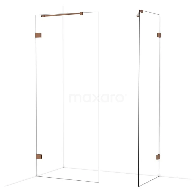 Douchewand set met hoekopstelling, helder glas, minimalistisch design en gouden scharnieren, ideaal voor een moderne badkamer.