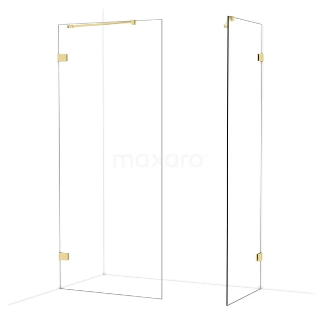 Glas Duschwand mit Goldakzenten, Eckaufstellung für stilvolle Badezimmergestaltung.