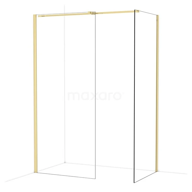 Gouden profiel douchewand met helder glas, minimalistisch ontwerp, perfect voor een moderne badkamer.