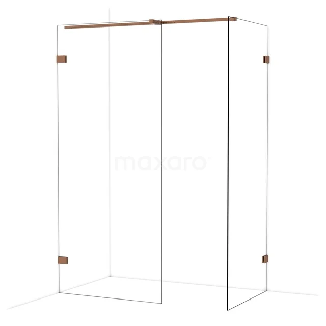 Glazen douchewand met koperen accenten, minimalistisch ontwerp, perfect voor een moderne badkamerstijl.