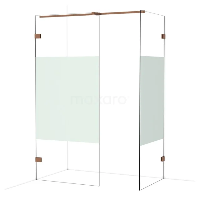 Duschwand mit kupferfarbenen Akzenten, minimalistisches Design, teilweise Mattglas, ideal für ein modernes Badezimmer.