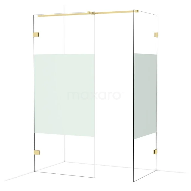 Glass shower wall with gold hinges, modern design and matte accents, perfect addition for a stylish bathroom.