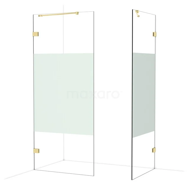 Douchewand met goudkleurige details, helder glas en mat privacygedeelte, moderne stijl voor stijlvolle badkamerinrichting.