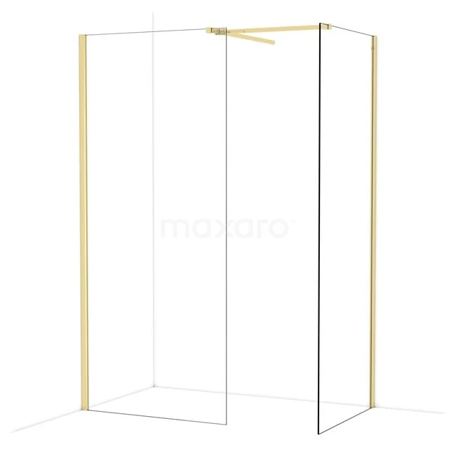 Douchewand met goudkleurig frame, minimalistisch design, geschikt voor moderne badkamers.
