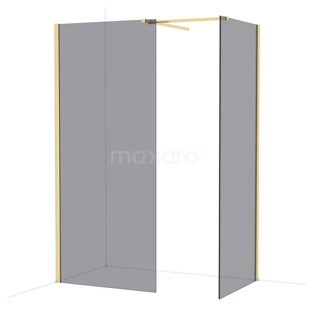 Douchewand met matgrijs glas en gouden profielen, modern design, ideaal voor stijlvolle badkamerinrichting.