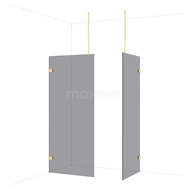 Grijze glazen douchewand met messing details, modern design, ideaal voor een luxe badkamer inrichting.
