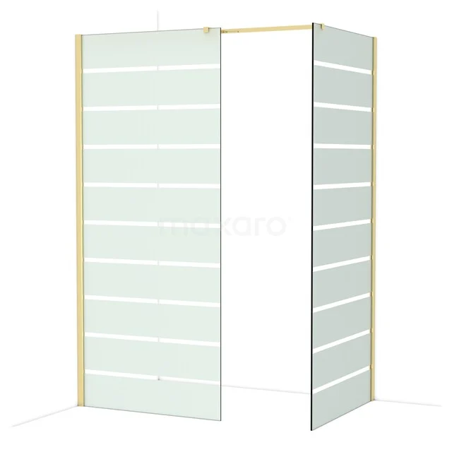 Glazen douchewand met mat witte strepen en aluminium frame, perfect als moderne scheidingswand in de badkamer.