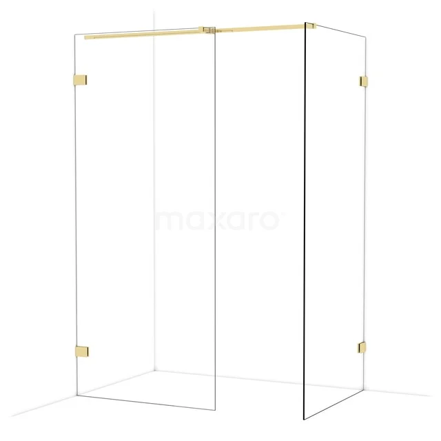 Glazen douchewand met goudkleurige accenten, minimalistisch design, ideaal voor een luxe badkamerinrichting.