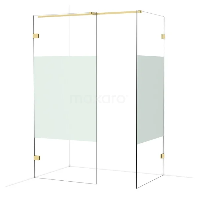 Diamond Walk-in shower | 90x90 cm Shiny light gold Clear with matt strip 2 fixed walls IDB0909323GLG Shower wall with gold accents, glass panels and frosted glass strip, ideal for a modern bathroom design.