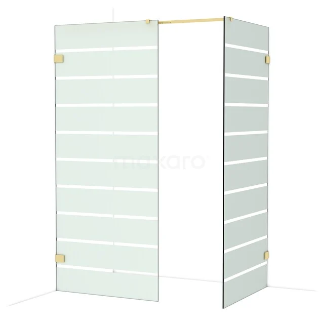 Opvouwbare glazen douchewand met witte strepen, goudkleurige scharnieren, ideaal voor moderne badkamers.