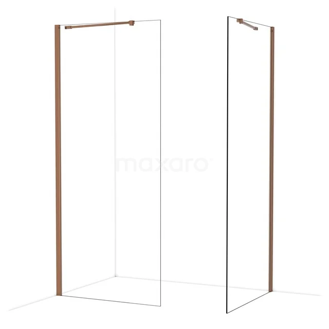 Ink zwarte douchewand met minimalistisch design, gemaakt van gehard glas en frame in koperkleur, ideaal voor moderne badkamerstijl.