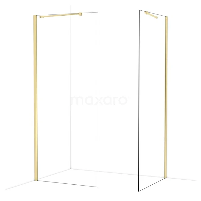 Diamond Walk-in shower | 90x90 cm Shiny light gold Clear glass 2 fixed walls IDB0909410GLG Walk-in shower with gold profiles, modern minimalist design, suitable for stylish bathrooms.