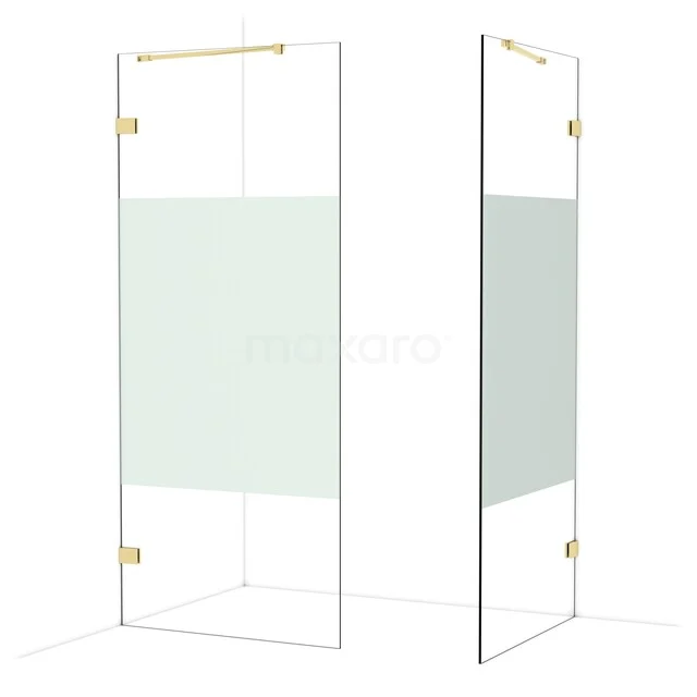 Glas Duschwand mit Gold Scharnieren und Mattglasdetail, perfekt für eine moderne Badezimmergestaltung.