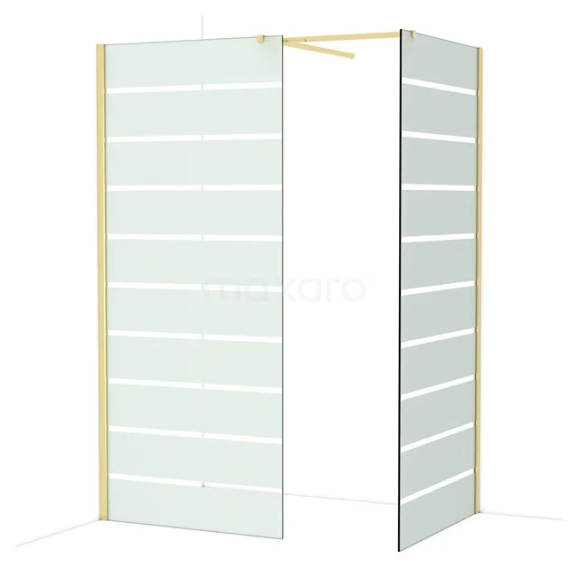 Shower wall with white lined glass panels, corner arrangement and gold coloured frame for stylish bathroom decor.