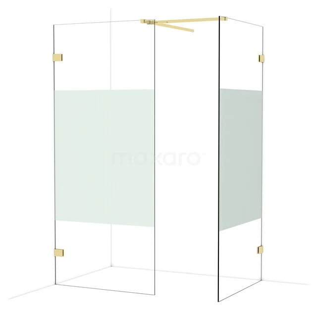 Diamond Walk-in shower | 90x90 cm Shiny light gold Clear with matt strip 2 fixed walls IDB0909523GLG Glass shower wall with frosted film, gold-coloured fittings, ideal as a stylish bathroom solution for modern interiors.