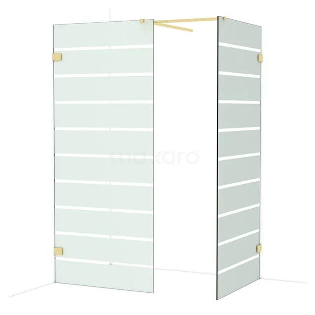 Glass shower wall with frosted white stripes, hinged door and gold-coloured hinges, modern look for the bathroom.