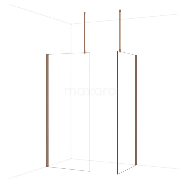 Diamond begehbare Dusche | 90x90 cm Glänzendes Kupfer 2 feste Wände IDB0909910GKP Minimalistische Glasduschwand mit matten Kupferprofilen, ideal für einen modernen Badezimmerstil.