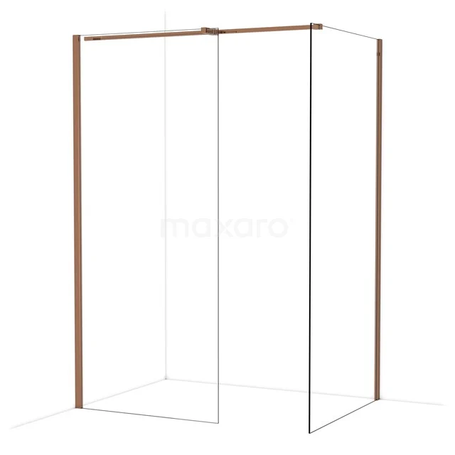 Douchewand met koperkleurig frame, minimalistisch design en glazen panelen, ideaal voor een moderne badkamerstijl.