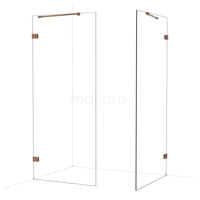 Douchecabine met helder glas en roségouden scharnieren, moderne stijl, ideaal voor een luxe badkamer.