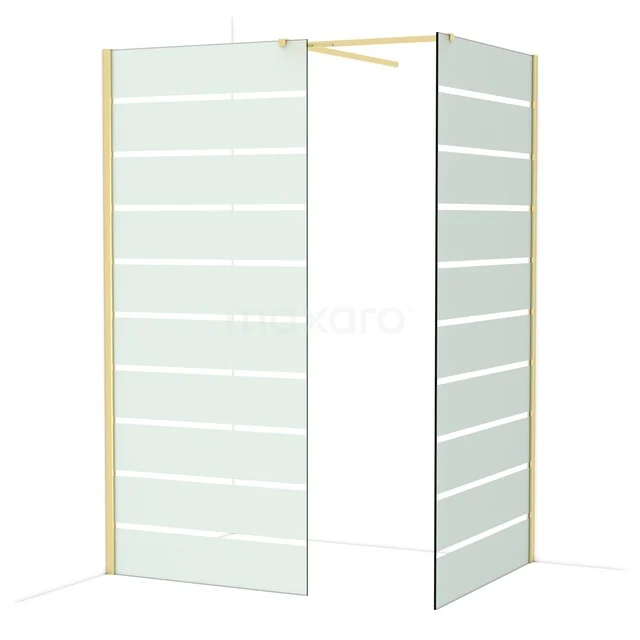 Shower wall with frosted glass, gold details and modern design; perfect partition wall for a stylish bathroom.