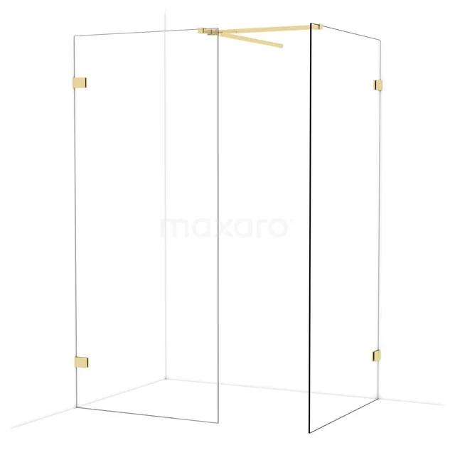 Glas Duschwand mit Messingakzenten, moderne Eckaufstellung, ideal als stilvolle Ergänzung im Badezimmer.