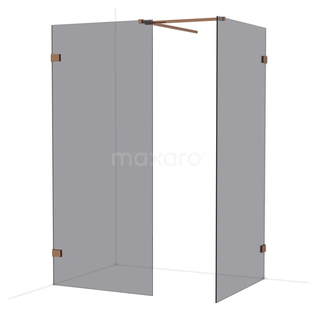 Glazen douchewand met koperkleurige accenten, hoekopstelling, ideaal voor een luxe en moderne badkamerinrichting.