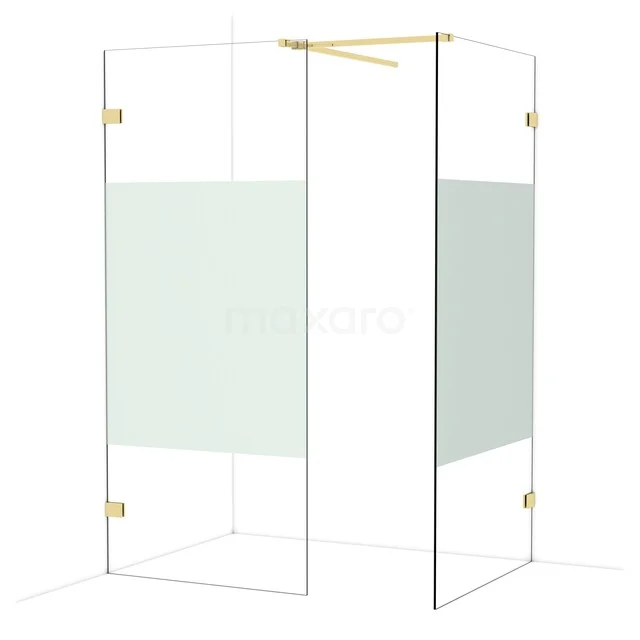 Glazen douchewand met goudkleurige profielen, matglas details en hoekvorm, ideaal voor luxe badkamerverdeling.