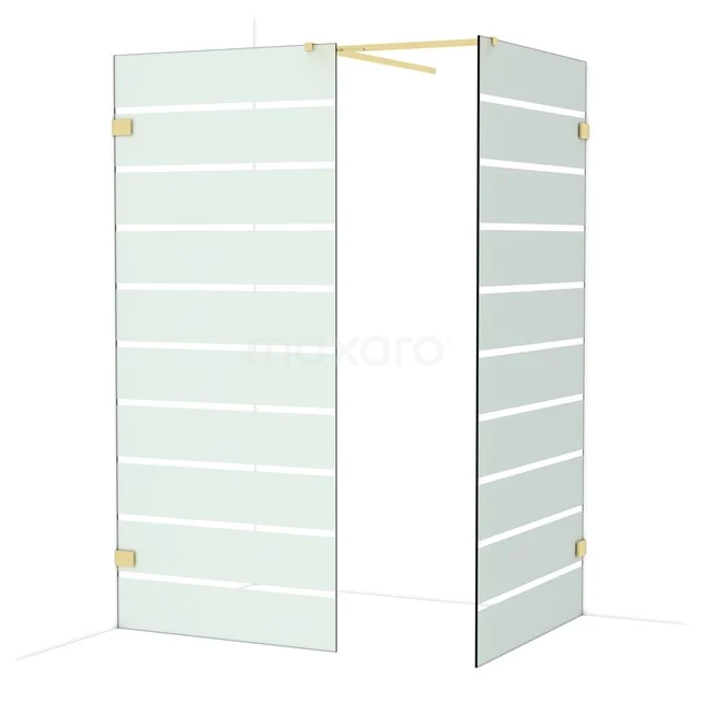 Glas Duschwand mit horizontalen Linien, Eckaufstellung und goldfarbenen Scharnieren für eine stilvolle Badezimmerdekoration.
