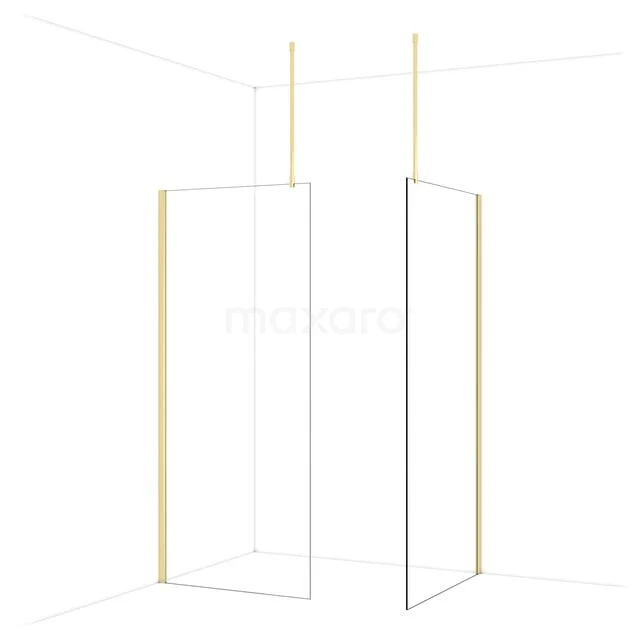 Minimalistische Duschwand mit goldfarbenen Akzenten, klaren Linien und Glasplatten, perfekt für einen modernen Badezimmerstil.