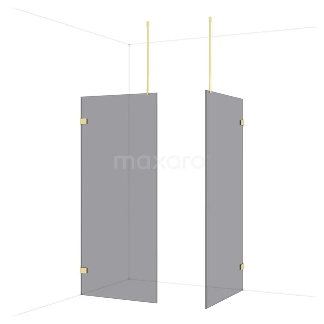 Grey shower wall in corner configuration, frosted glass, minimalist design, ideal for modern bathroom layouts.