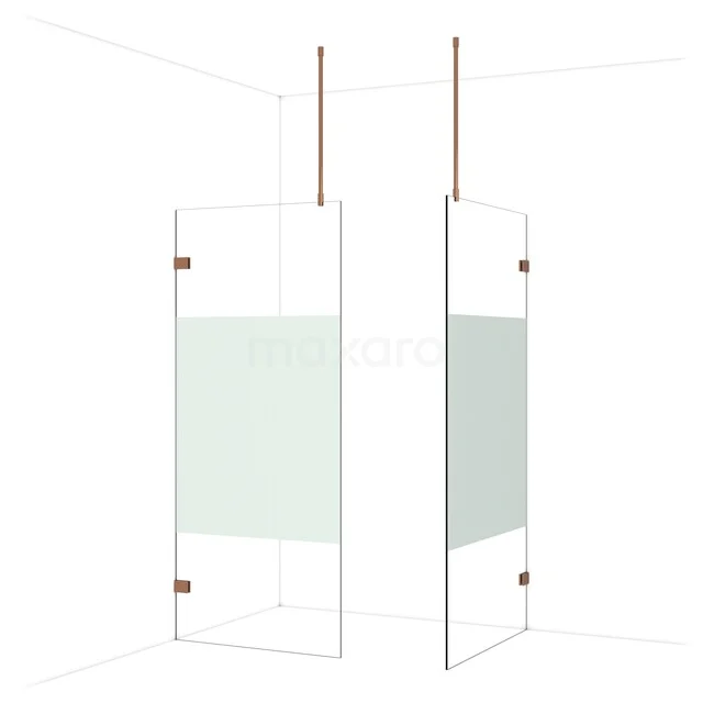 Glazen douchewand met mat witte middenstrook, koperaccenten en minimalistisch design, perfect voor een moderne badkamer.