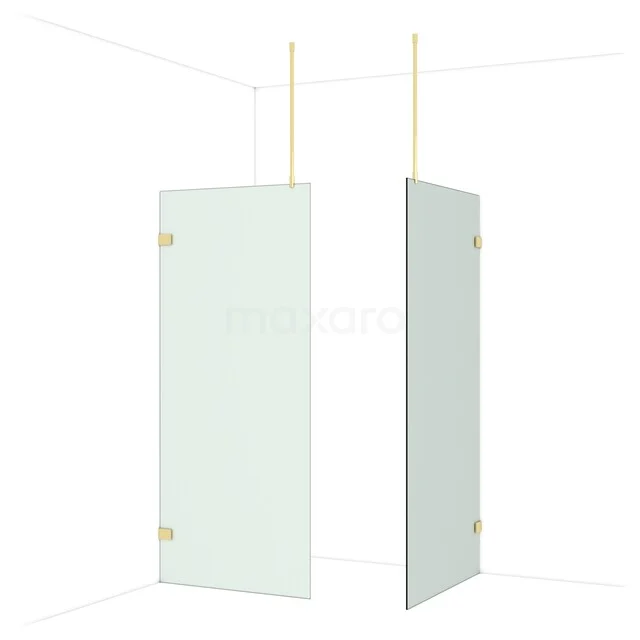 Glass shower wall with gold-coloured hinges, minimalist design, ideal as a stylish partition in the bathroom.