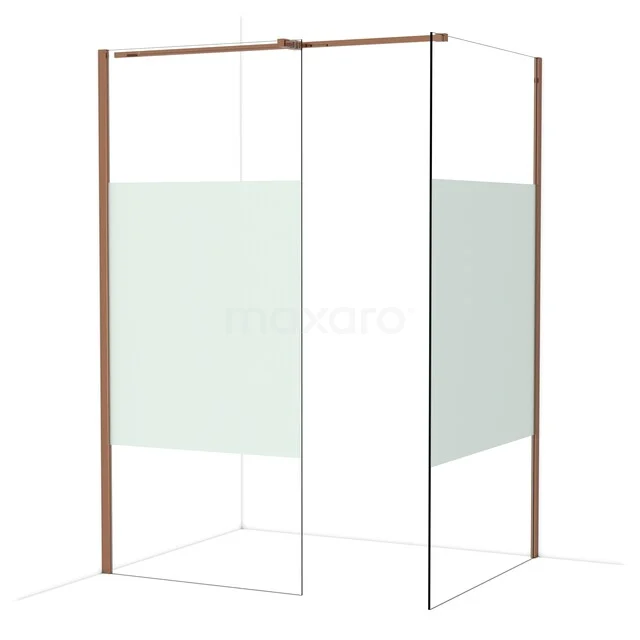 Douchewand met matglazen panelen en roestvrijstalen accenten, bronskleurig frame, modern design voor de badkamer.