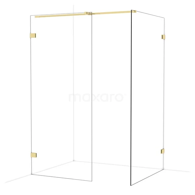 Shower wall with gold-coloured accents, transparent glass and minimalist design, perfect for a luxury bathroom decor.