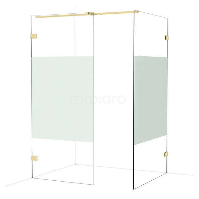 Glazen douchecabine met matglas panelen en goudkleurige scharnieren, elegante toevoeging aan moderne badkamers.