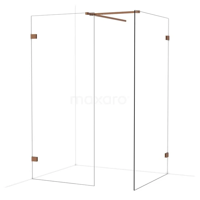 Douchewand met hoekconstructie, helder glas, koperkleurige profielen, stijlvol design ideaal voor moderne badkamers.