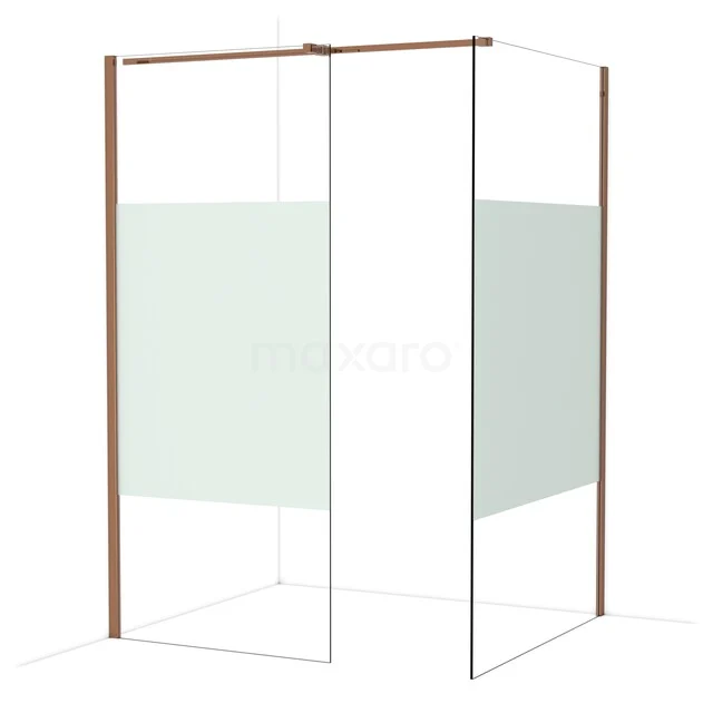 Duschwand mit kupferfarbenen Profilen, Klarglas und mattem Glasstreifen; stilvolles Badezimmerdesign für einen modernen Look.