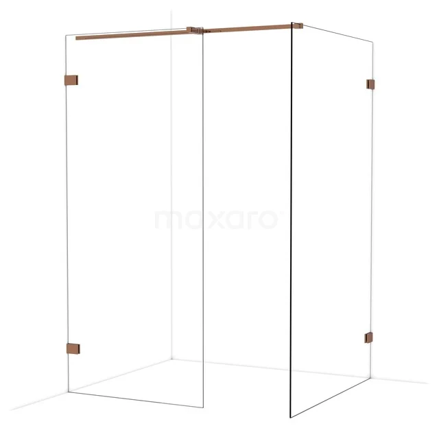 Begehbare Dusche mit klaren Glaswänden und kupferfarbenen Details, ideal als stilvolle Ergänzung zum modernen Badezimmer.