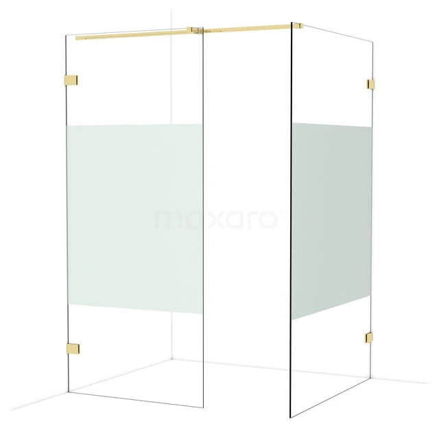 Transparent shower corner with frosted glass panels, gold-coloured accents, ideal for a stylish and modern bathroom.