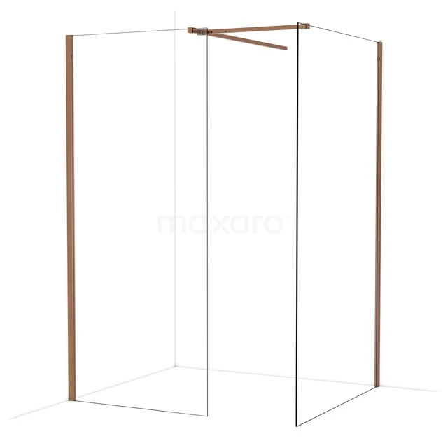 Duschwand mit Eckaufstellung, transparentem Glas und kupferfarbenen Profilen, ideal für ein stilvolles Badezimmer.