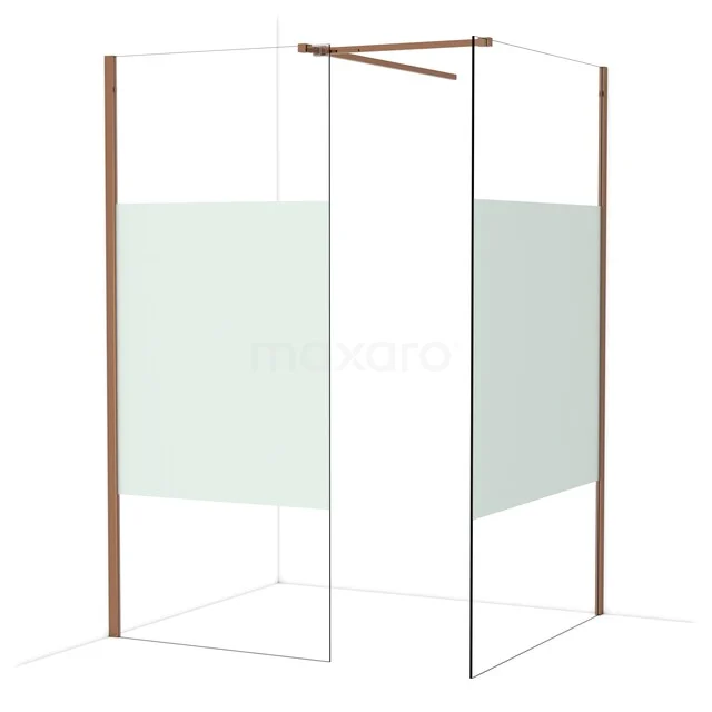Douchewand met koperkleurig frame, glazen panelen en mat afgewerkte details, perfecte scheiding in een moderne badkamer.