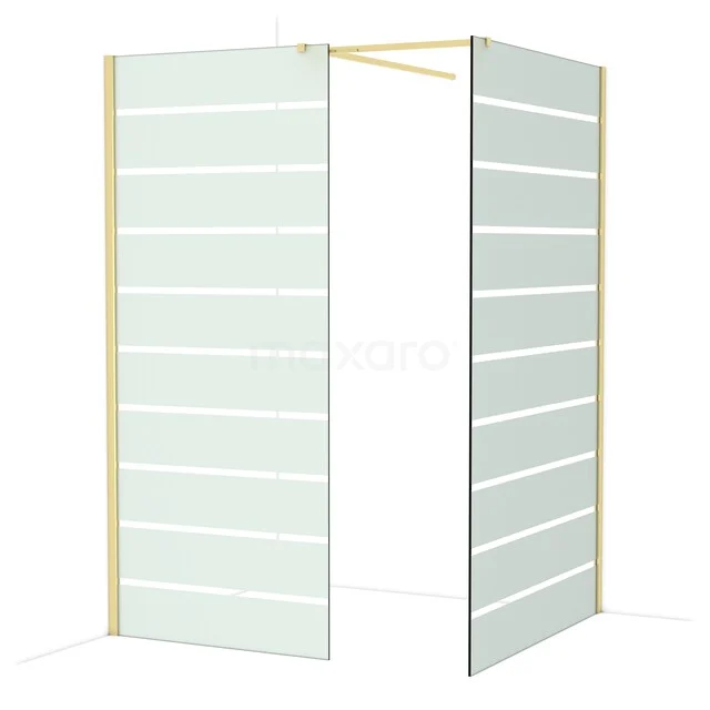 Diamond Walk-in shower | 120x90 cm Shiny light gold Clear with matt stripes 2 fixed walls IDB0912516GLG Glass shower wall with white line pattern and gold frame, modern look for stylish bathroom decor.