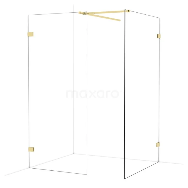 Glasige Duschecke mit goldenen Scharnieren und Stabilisationsstange, modernes Design, ideal für ein stilvolles Badezimmer.