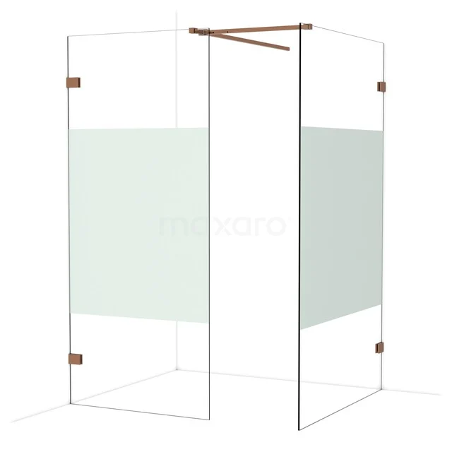 Glazen douchewand met matglas panelen en koperkleurige details, ideale luxe badkamerverdeling.